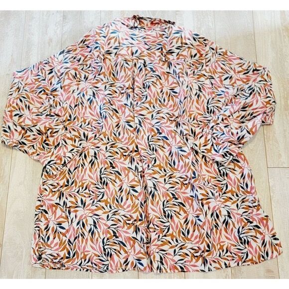 Lands' End Women's 1x Pink White Blue Floral 100% Linen LS Button Down Top - Picture 2 of 9